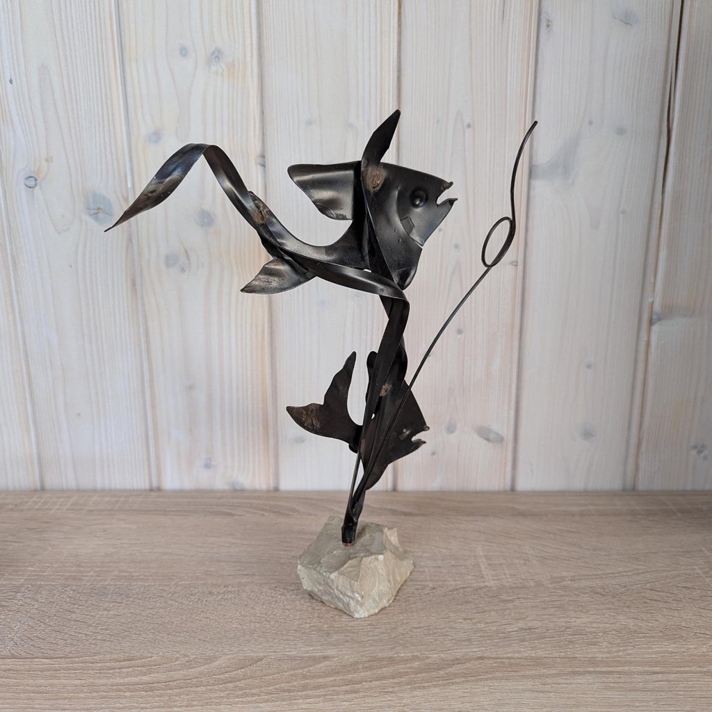 Sculpture 2 (Moon) Fishes on Stone - Vintage - Metal