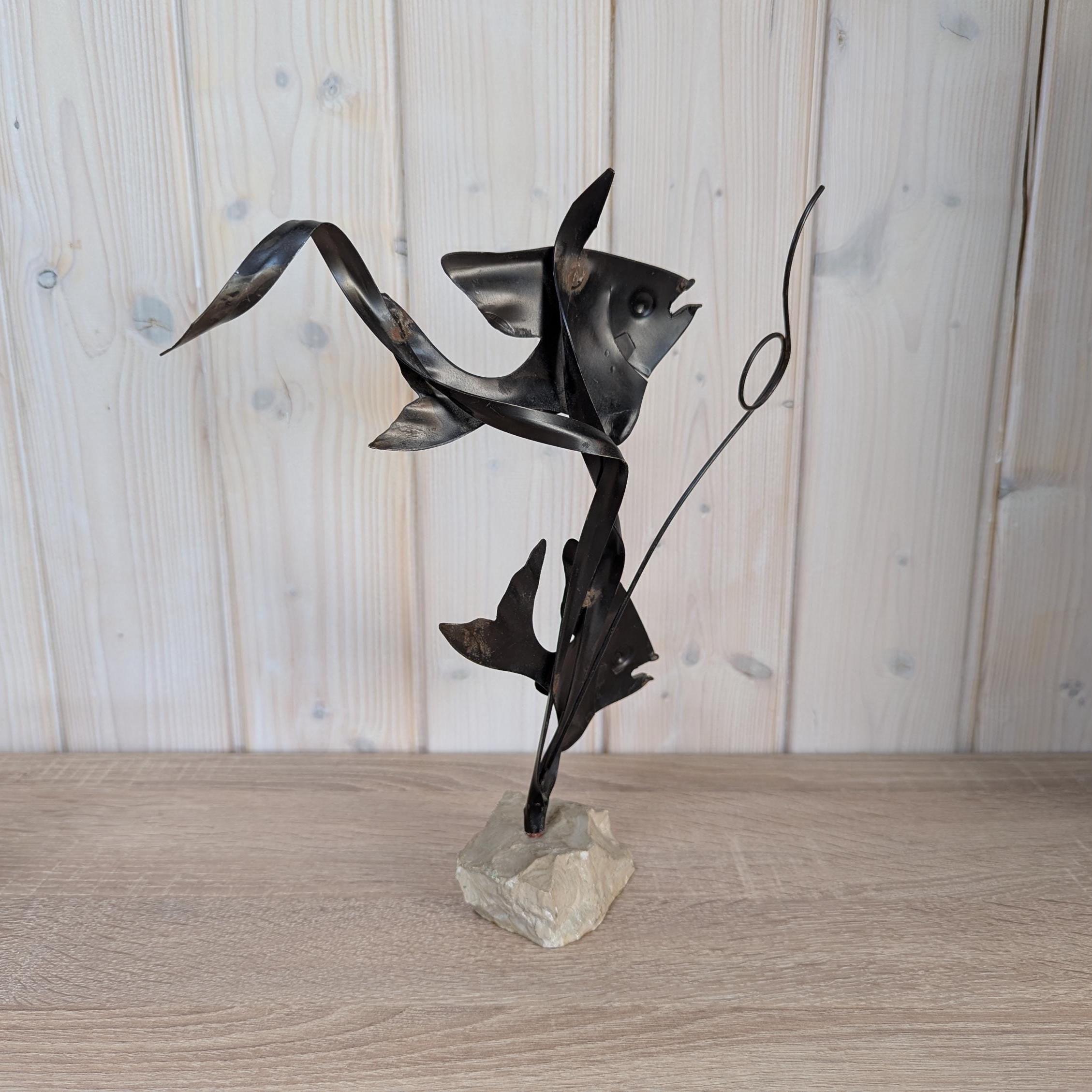 Sculpture 2 (Moon) Fishes on Stone - Vintage - Metal