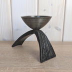 Brutalist Forged Iron Candleholder, Sculptural Two-Leg Base, Metal Cup, Mid Century Modern, 1960s