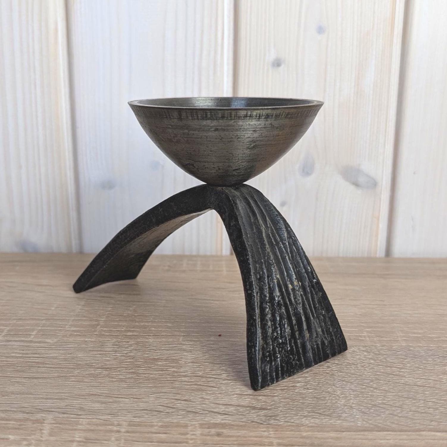 Brutalist Forged Iron Candleholder, Sculptural Two-Leg Base, Metal Cup, Mid Century Modern, 1960s
