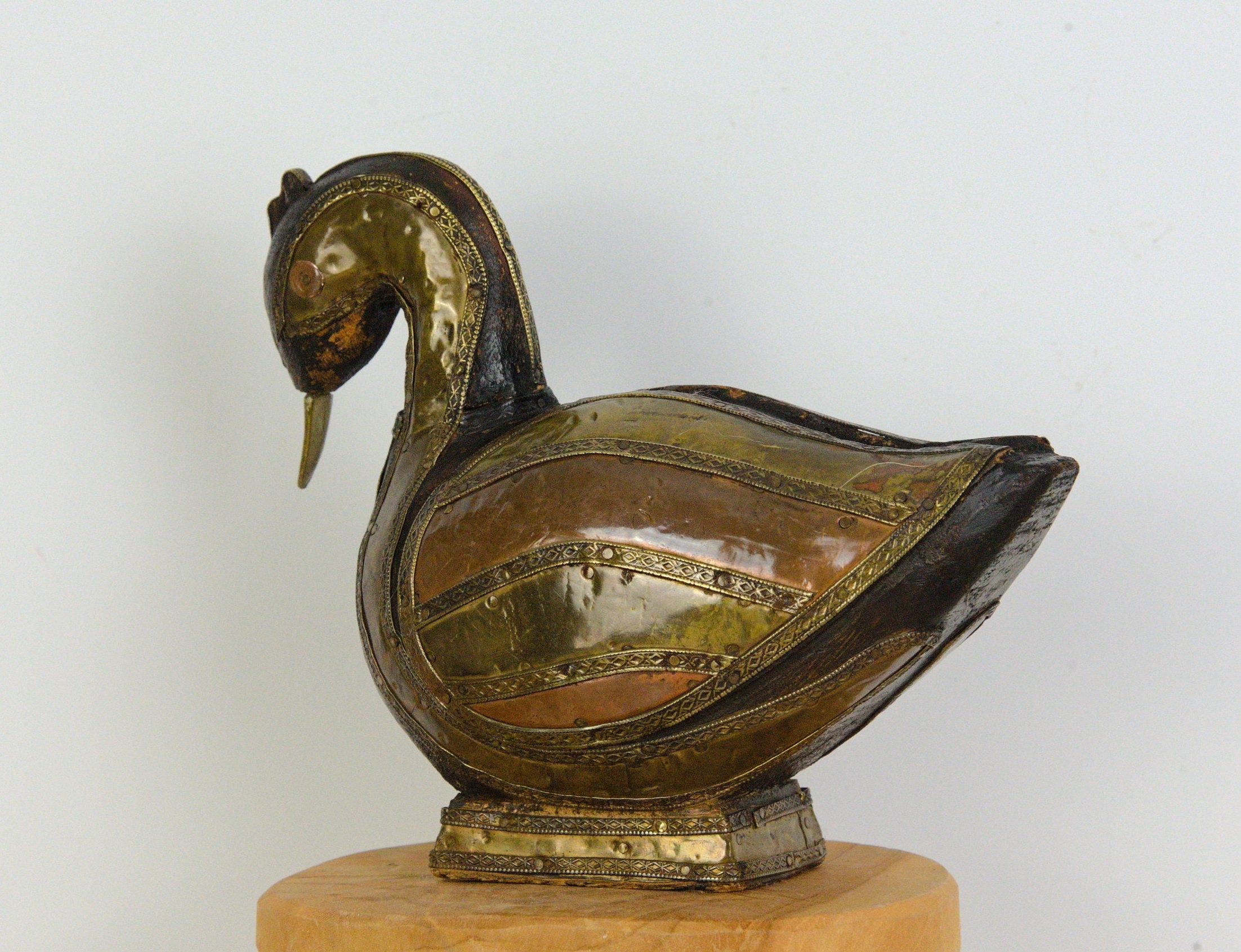 Vintage Wooden Duck Sculpture, Copper and Brass Inlay, Mid Century Decorative Bird, 1970s