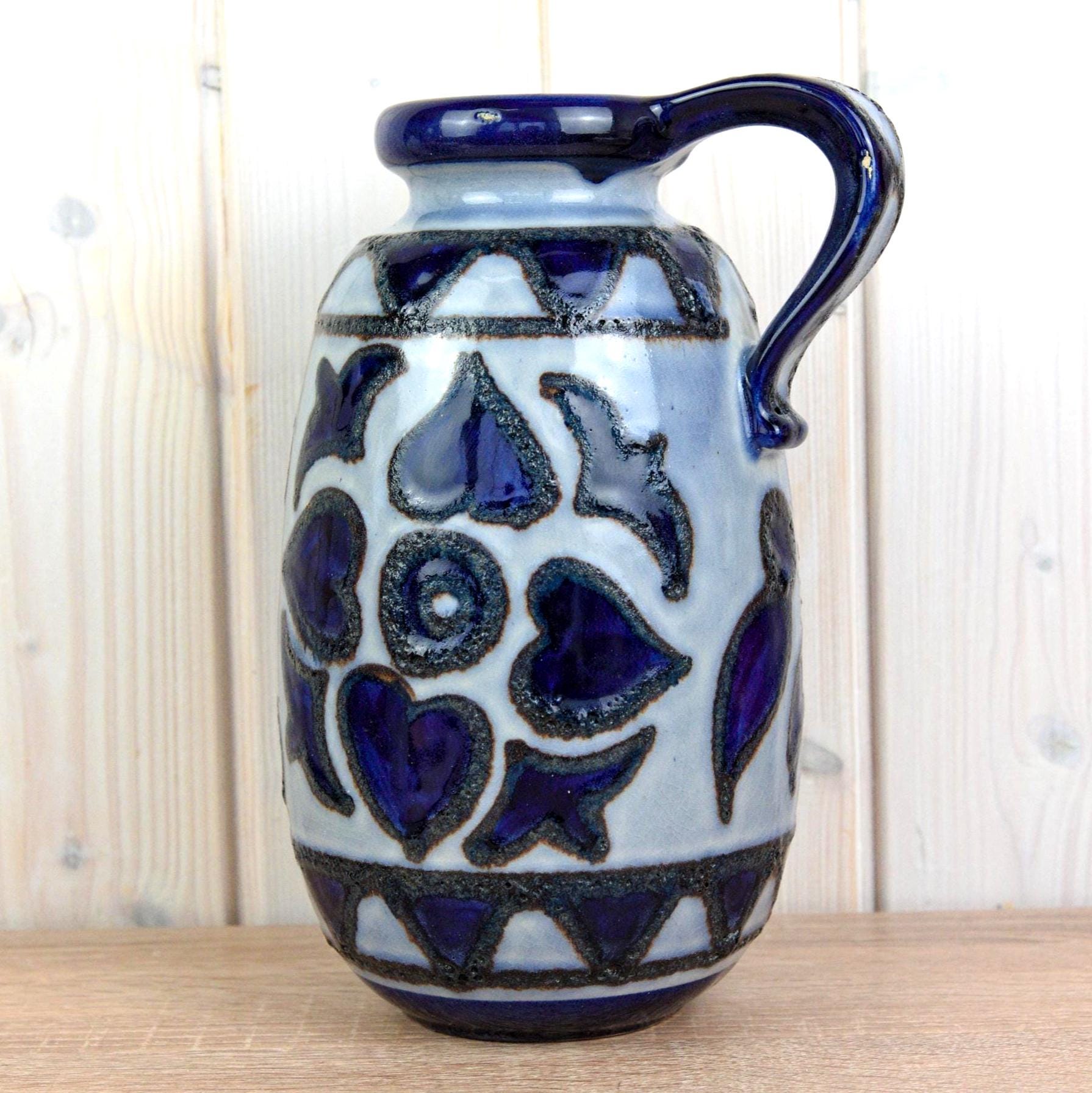 Scheurich 484 27 Vintage West German Pottery Jug, Blue Floral Vase with Handle, Mid Century Ceramic, 27 cm
