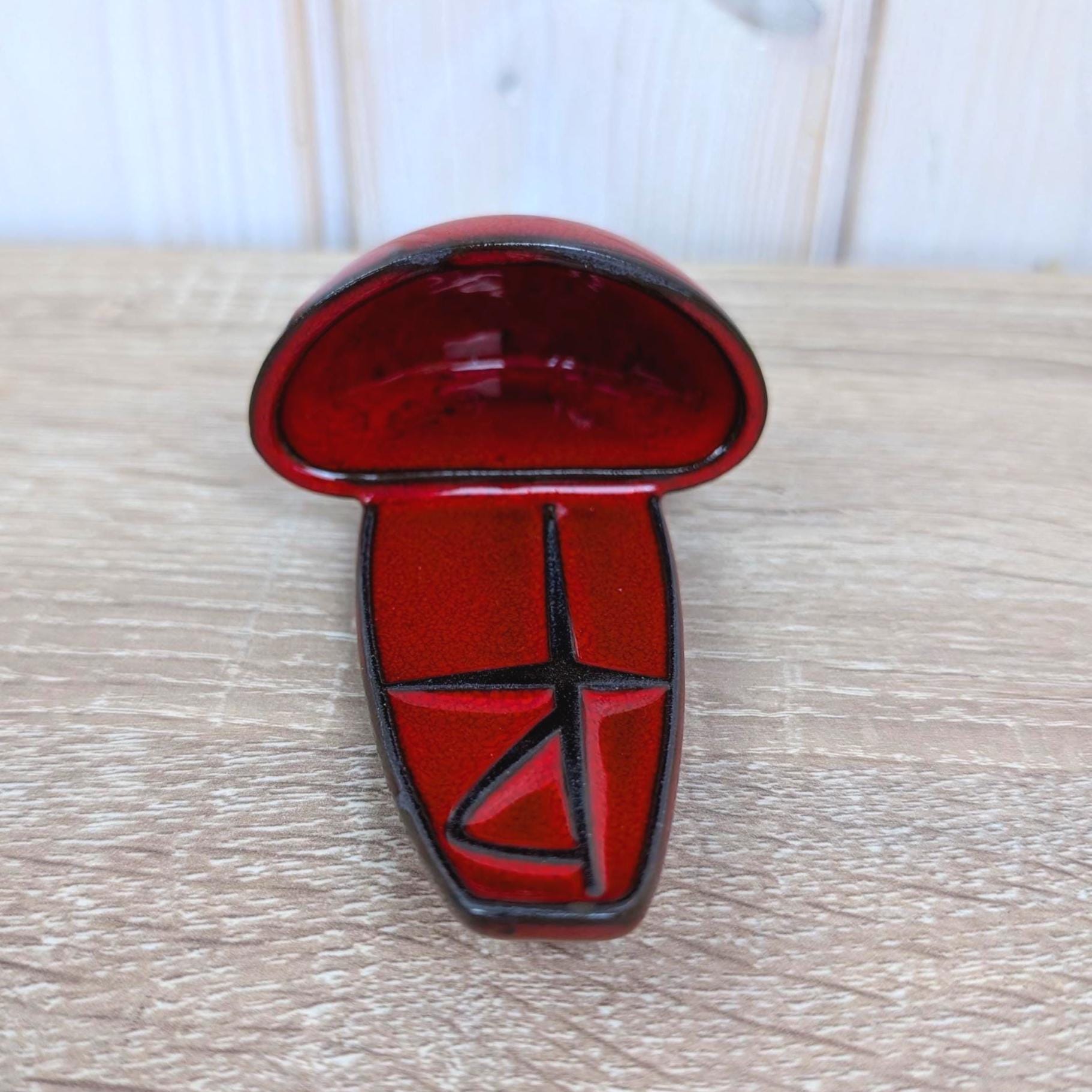 Majolika Karlsruhe Holy Water Font, Model 92, Red Black Ceramic, Chi Rho Wall Font, Midcentury Religious Decor, 1960s Vintage