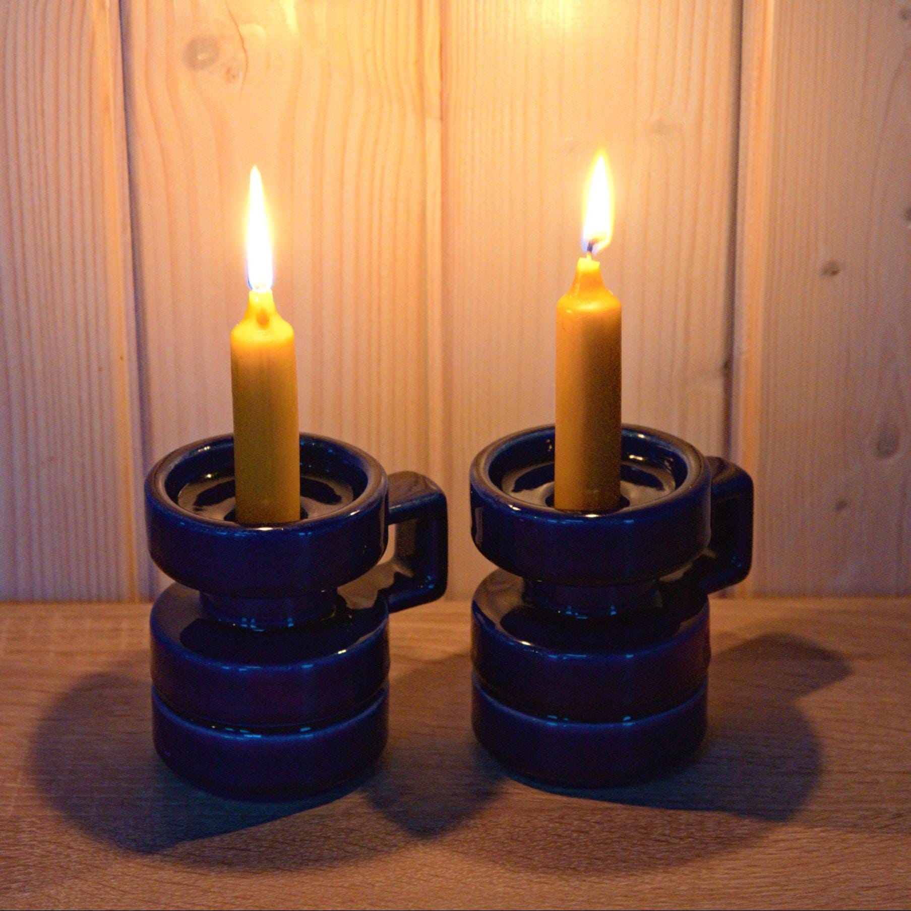 Cari Zalloni for Steuler, Set Cobalt Blue Candle Holders, Ceramic Pair, Germany, Vintage 1970s