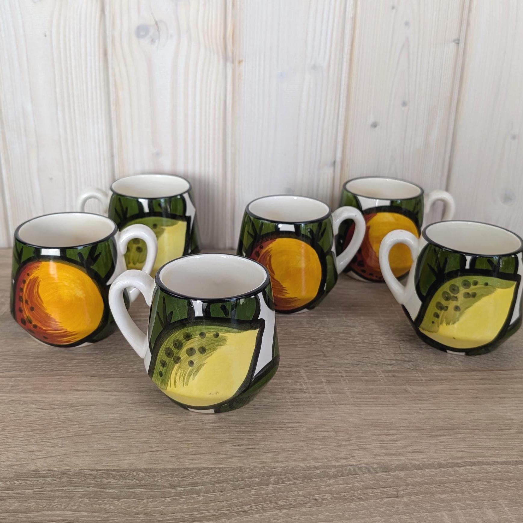 Schramberg Monaco Fruit Mugs Set of 6, Vintage German Ceramic Coffee Cups, 1970s