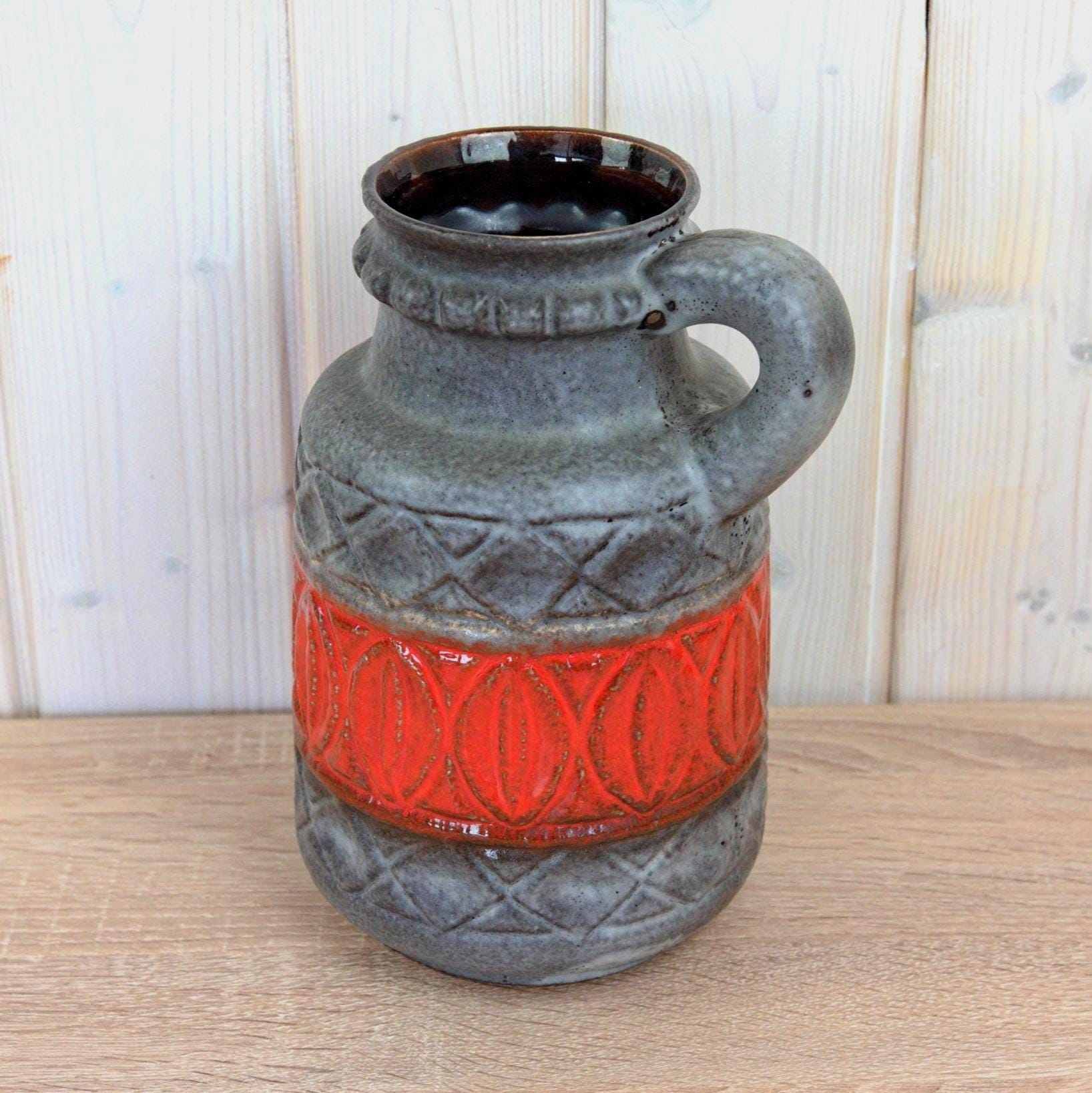 Bay Keramik 93-25 Vintage West German Pottery Jug, Mid Century Ceramic Pitcher Grey Red Relief Decor