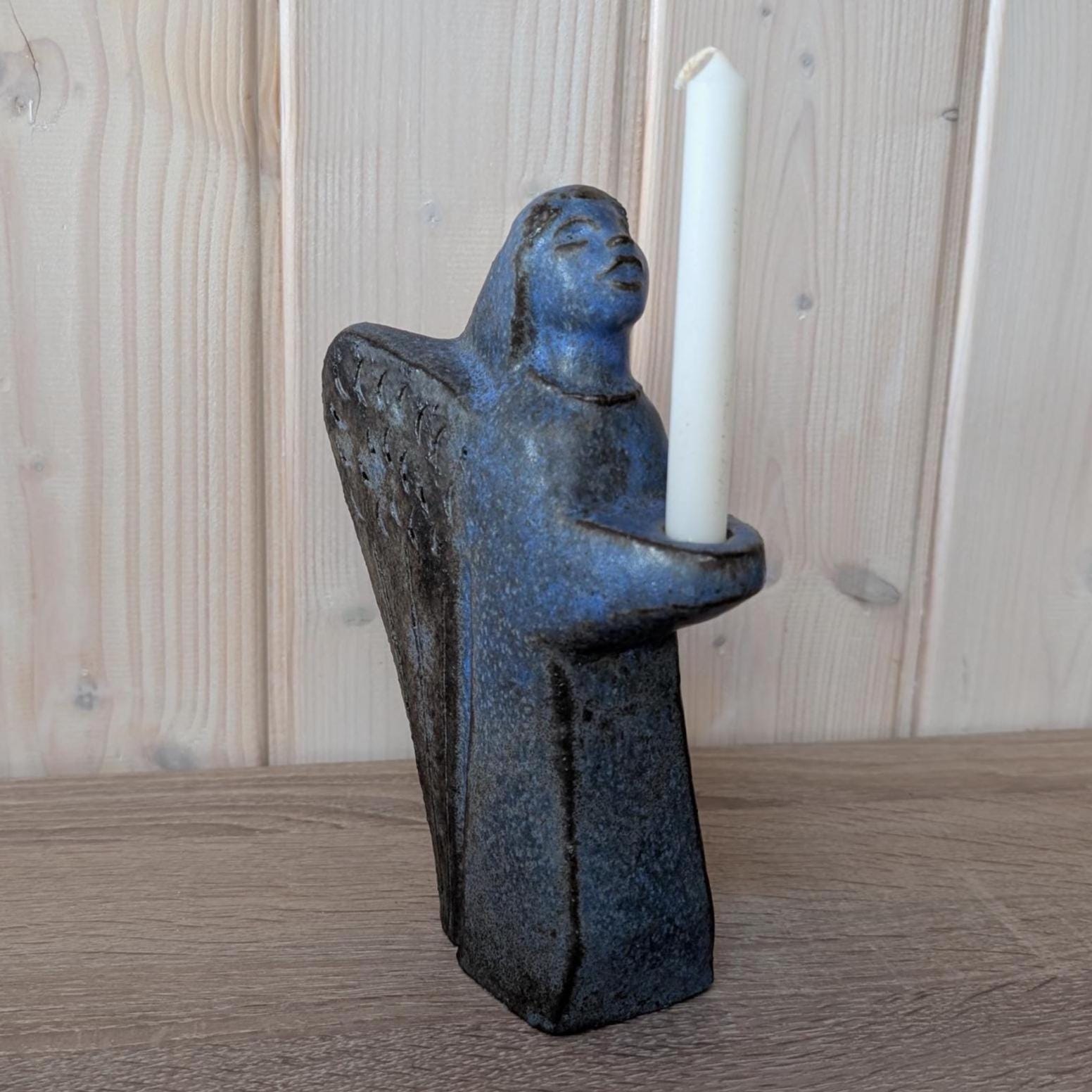 Vintage Stoneware Angel Candle Holder, Blue Glaze, Scandinavian Decor