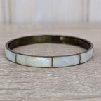 Vintage Mother of Pearl Bangle Set, Shell Inlay Brass Bracelets, 1960s 1970s Boho Jewelry