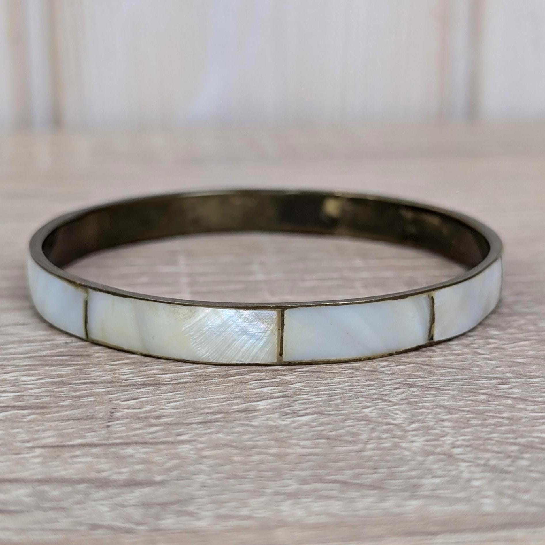 Vintage Mother of Pearl Bangle Set, Shell Inlay Brass Bracelets, 1960s 1970s Boho Jewelry