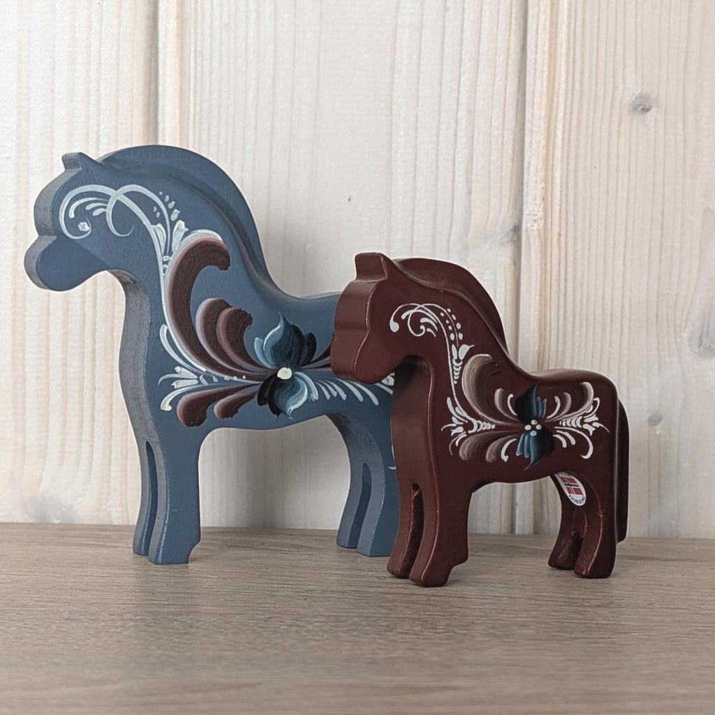 Norwegian Wooden Folk Art Horses, Signed Rosemaling Blue Horse, Scandinavian Decor, 1990