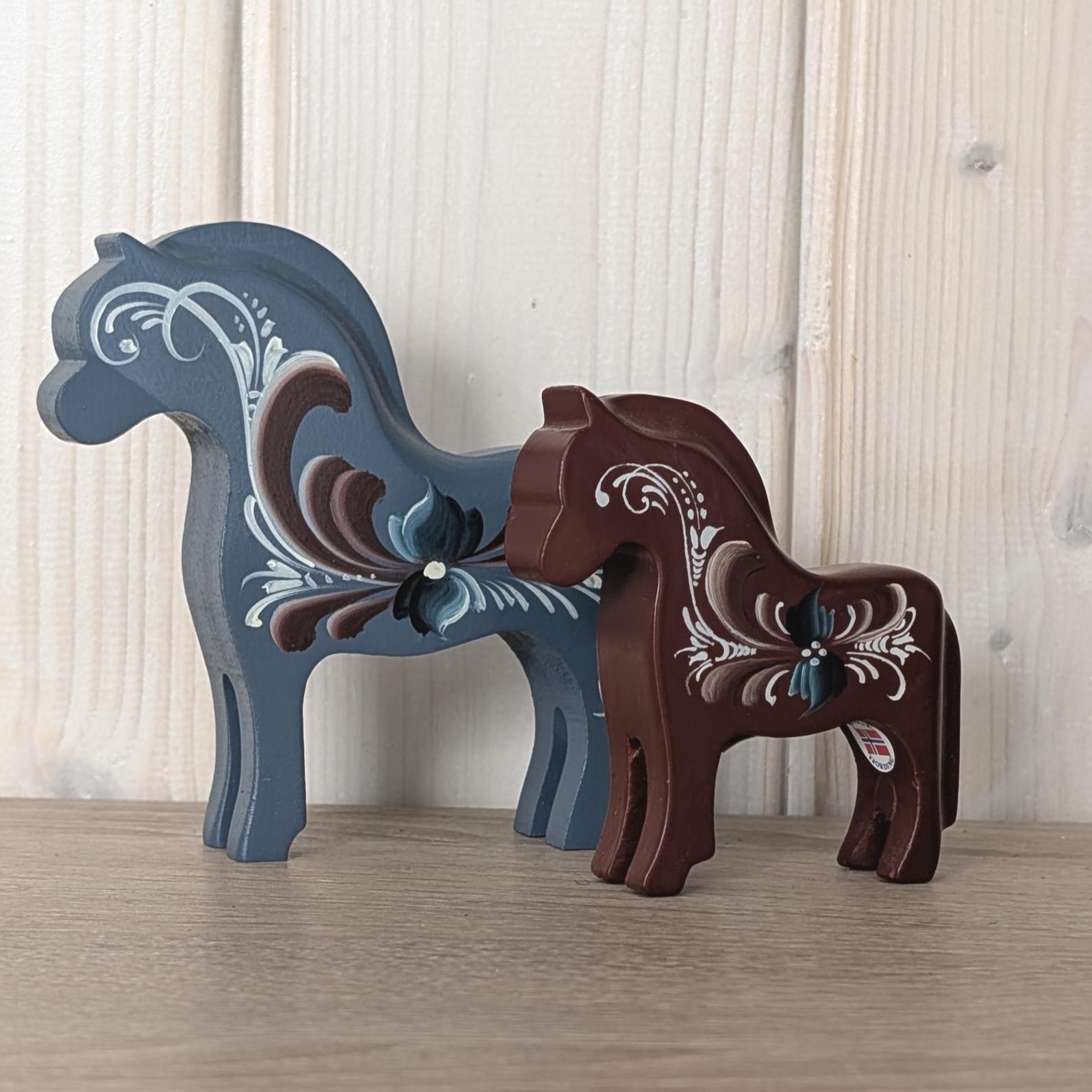 Norwegian Wooden Folk Art Horses, Signed Rosemaling Blue Horse, Scandinavian Decor, 1990