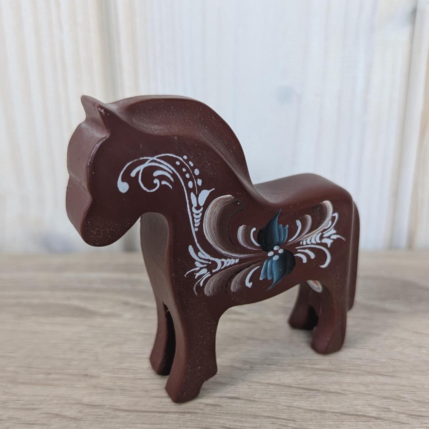 Norwegian Wooden Folk Art Horses, Signed Rosemaling Blue Horse, Scandinavian Decor, 1990