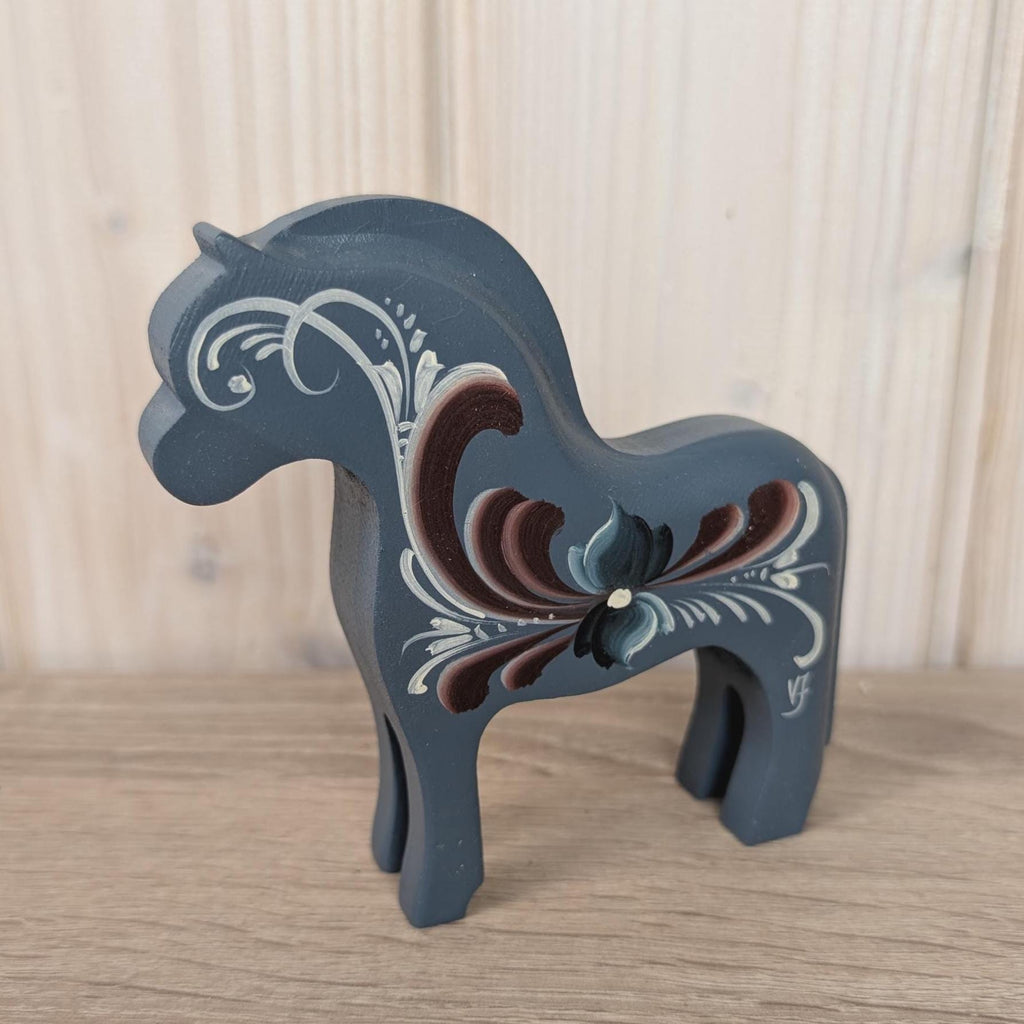 Norwegian Wooden Folk Art Horses, Signed Rosemaling Blue Horse, Scandinavian Decor, 1990