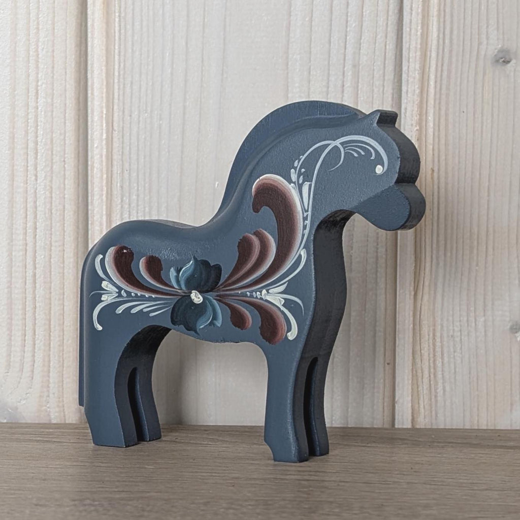 Norwegian Wooden Folk Art Horses, Signed Rosemaling Blue Horse, Scandinavian Decor, 1990