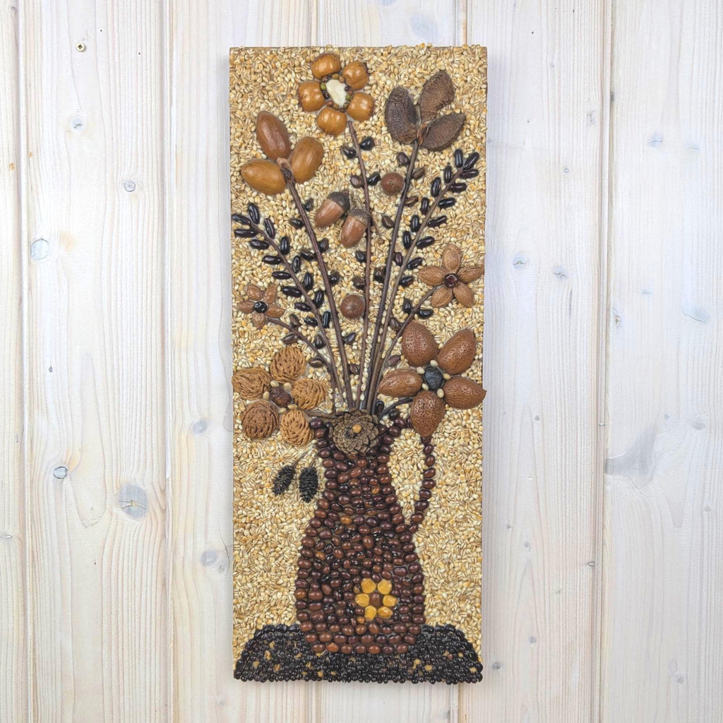 Seed Art Wall Panel, Folk Art Mosaic, Vase With Bouquet, Grains Acorns Nuts Beans, Signed, 1970s