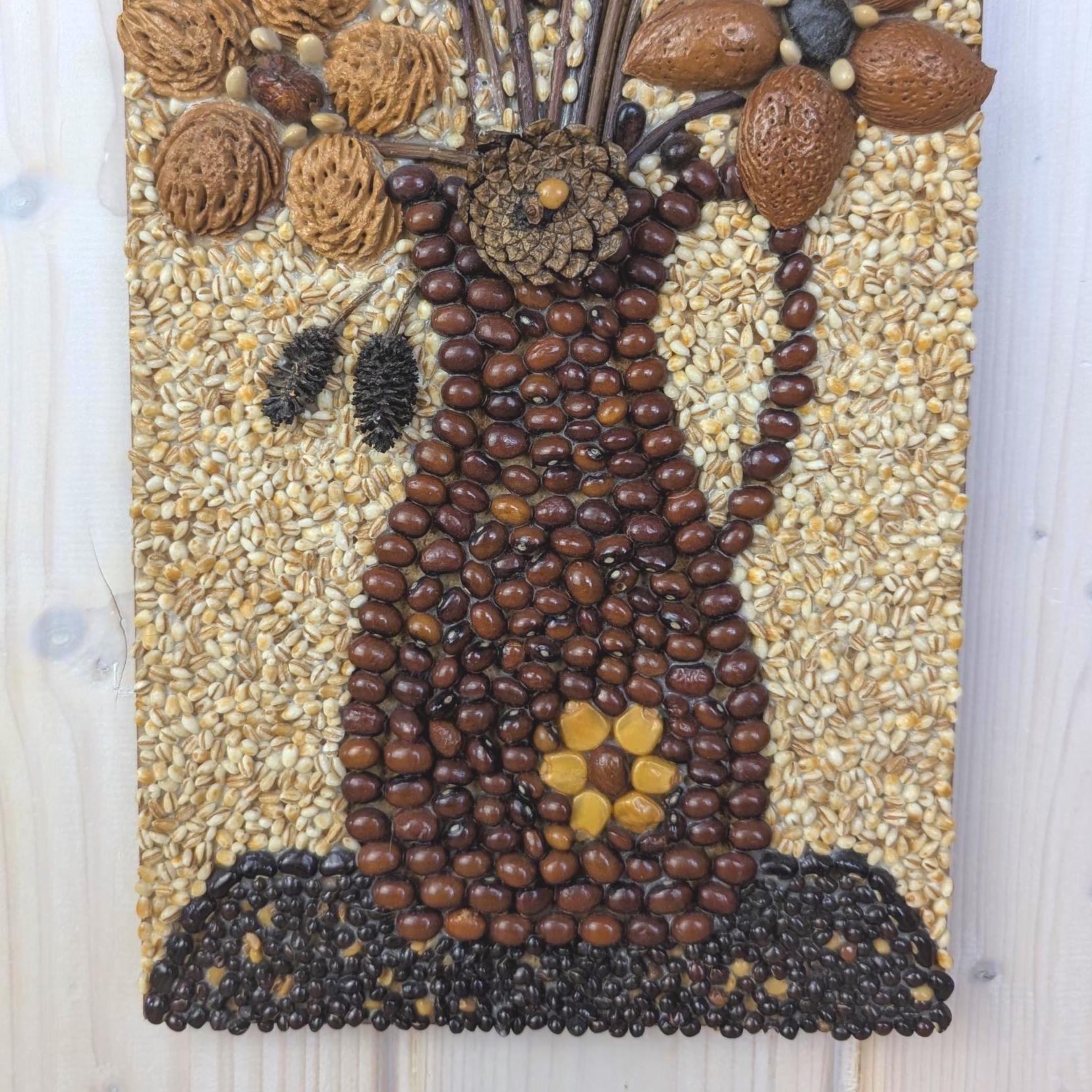 Seed Art Wall Panel, Folk Art Mosaic, Vase With Bouquet, Grains Acorns Nuts Beans, Signed, 1970s
