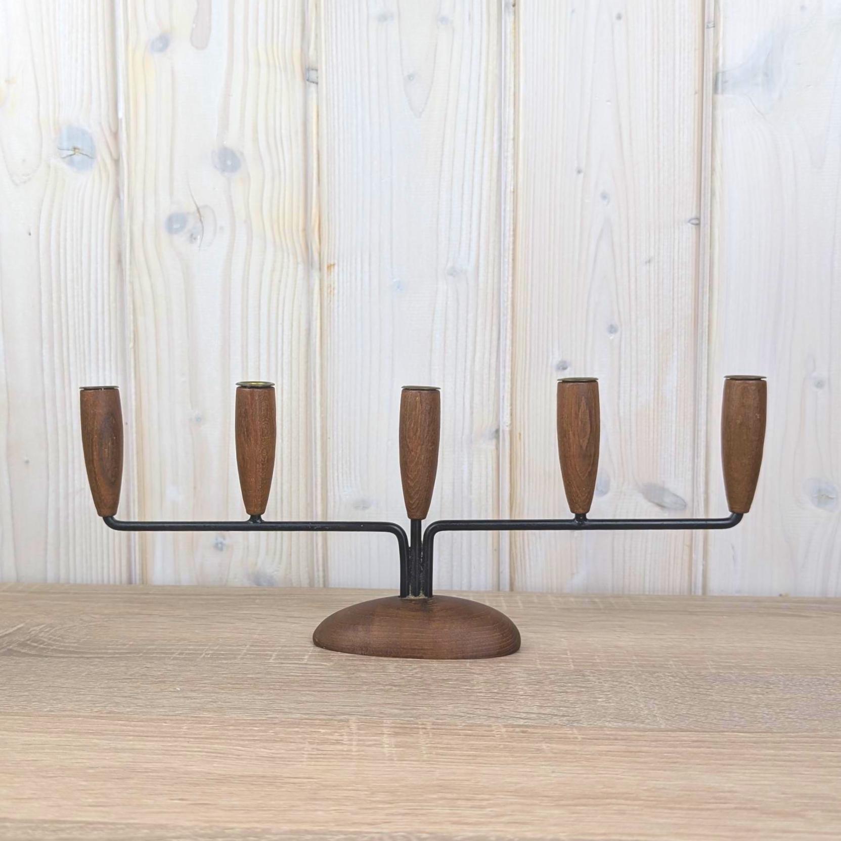 Lüthje Denmark 5-Arm Candelabra, Teak Iron Brass, Scandinavian Modern, 1960s