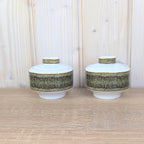 Eschenbach Bavaria Germany, Pair Square Lidded Bowls, White Porcelain, Sage Green Matte Glaze Band, 1960s