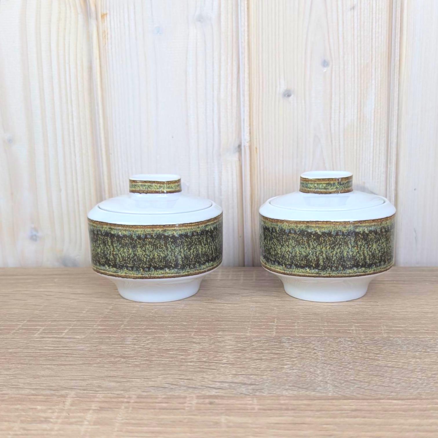Eschenbach Bavaria Germany, Pair Square Lidded Bowls, White Porcelain, Sage Green Matte Glaze Band, 1960s