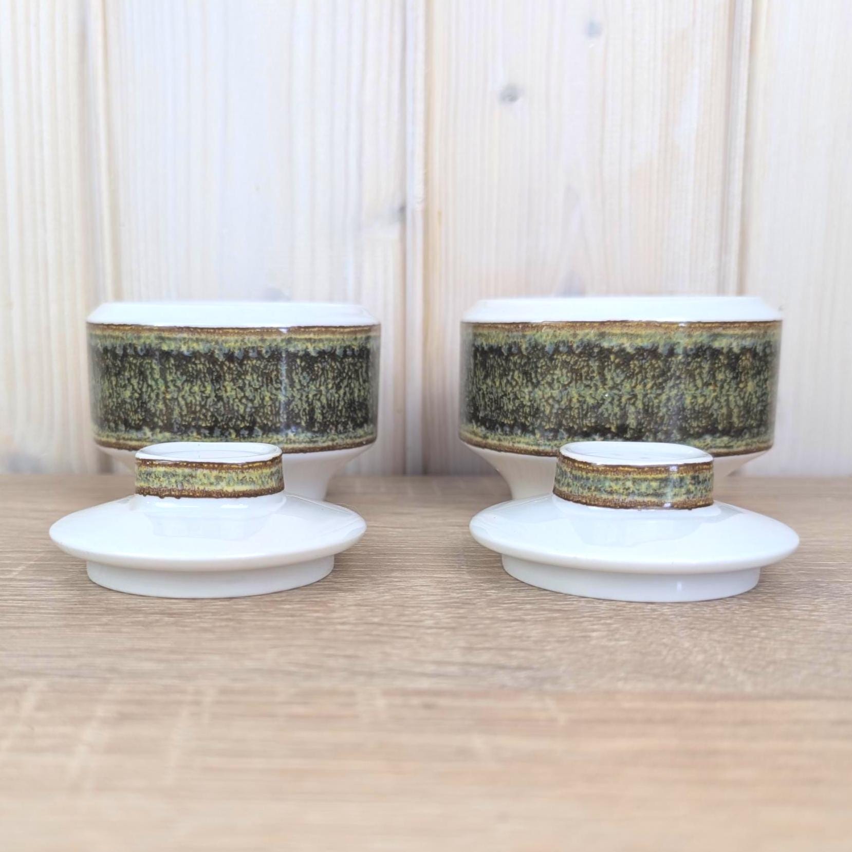 Eschenbach Bavaria Germany, Pair Square Lidded Bowls, White Porcelain, Sage Green Matte Glaze Band, 1960s