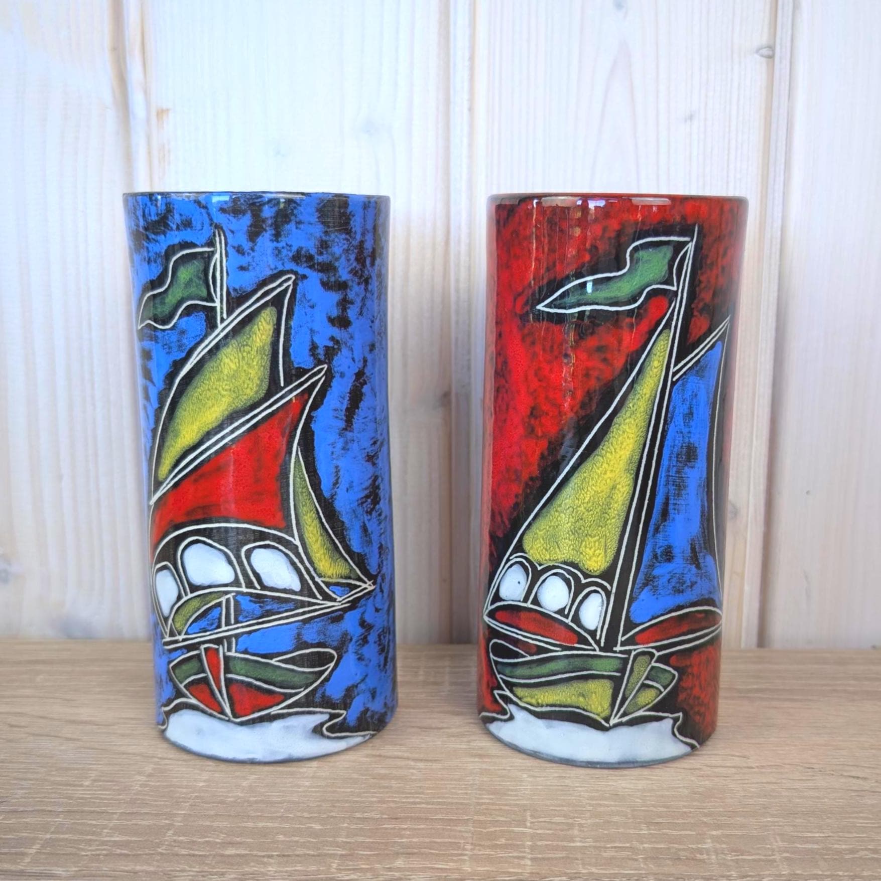 Maltese hand painted ceramic vase, sailboat motif, 1960s, choose blue or red