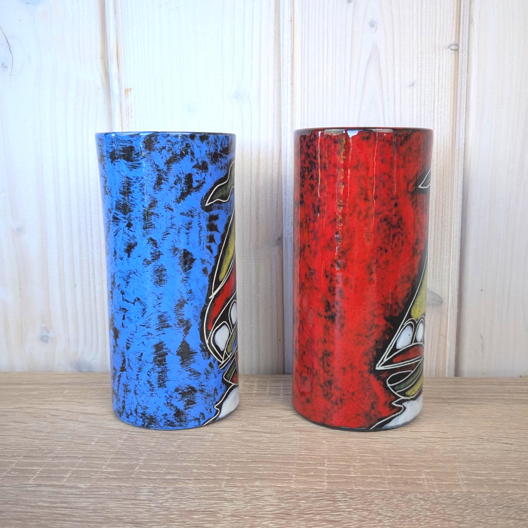 Maltese hand painted ceramic vase, sailboat motif, 1960s, choose blue or red