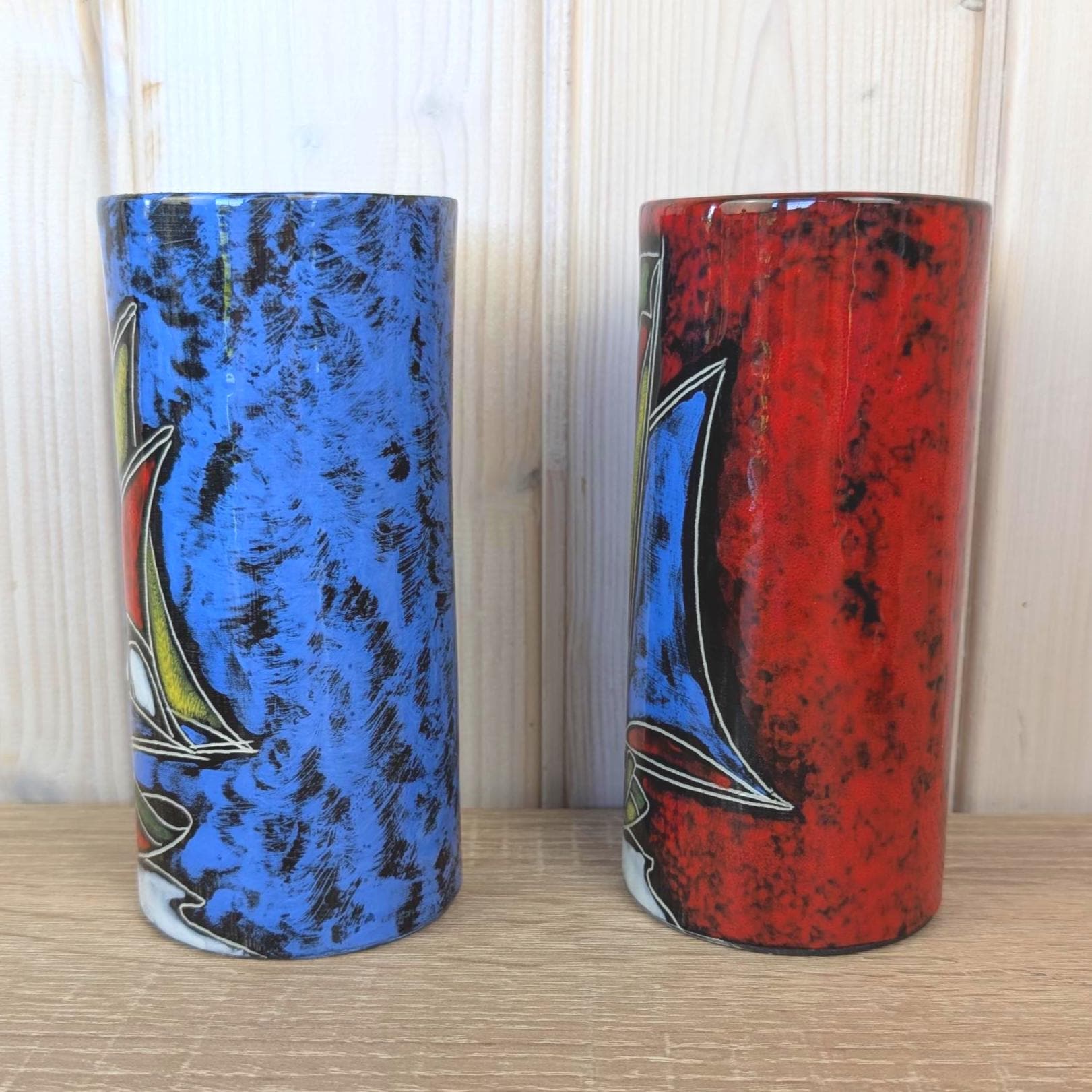 Maltese hand painted ceramic vase, sailboat motif, 1960s, choose blue or red