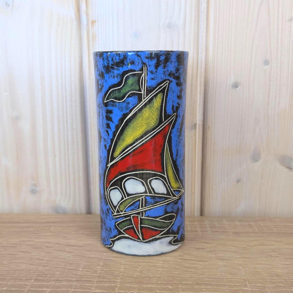 Maltese hand painted ceramic vase, sailboat motif, 1960s, choose blue or red