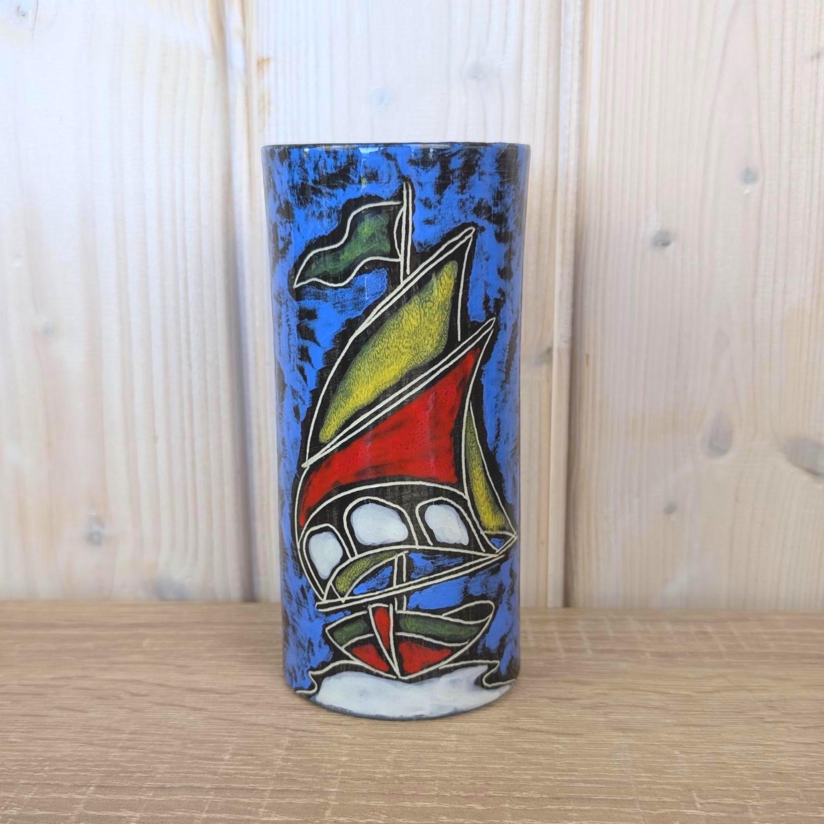 Maltese hand painted ceramic vase, sailboat motif, 1960s, choose blue or red