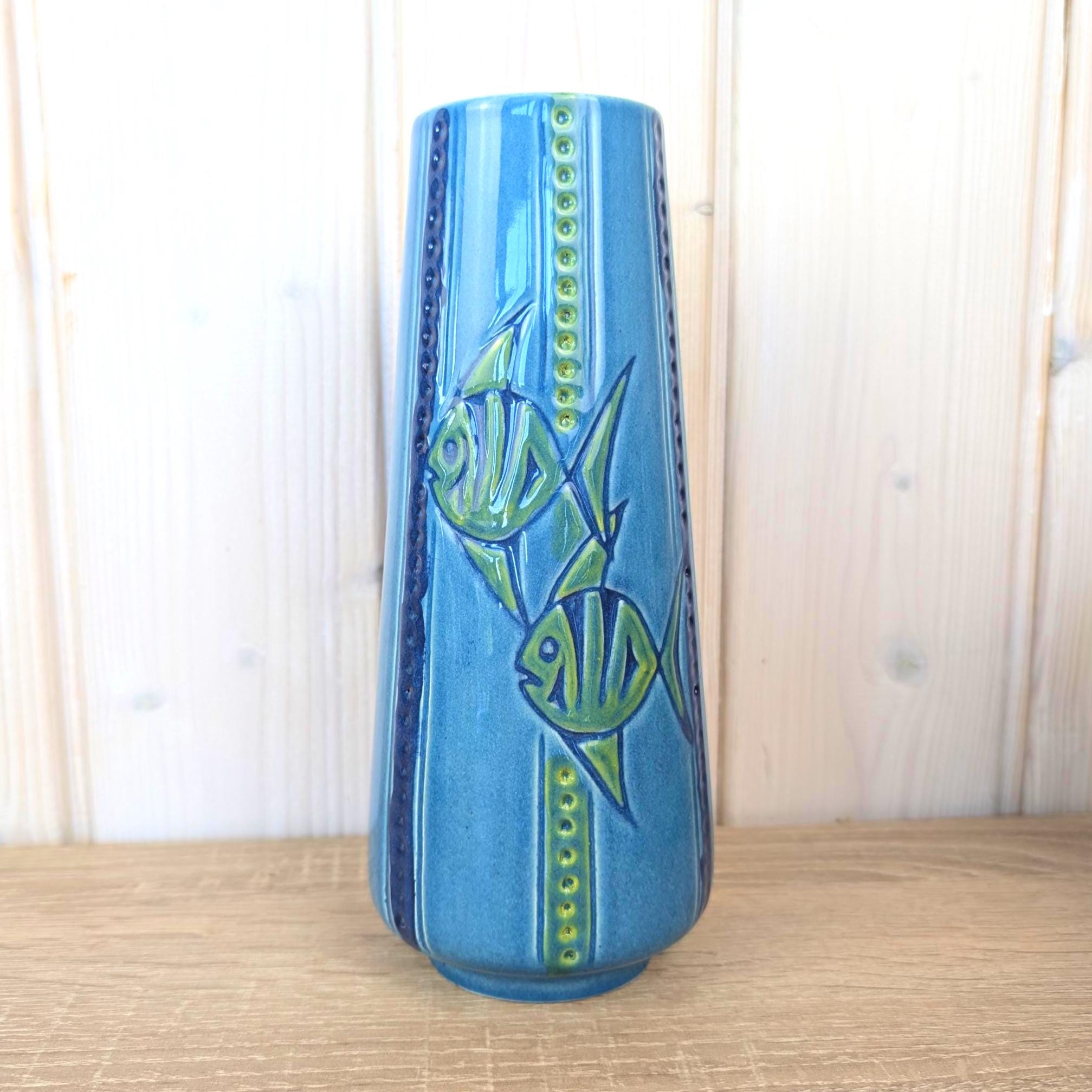 Maltese relief ceramic vase, fish motif, blue green glaze, 1960s, model 507