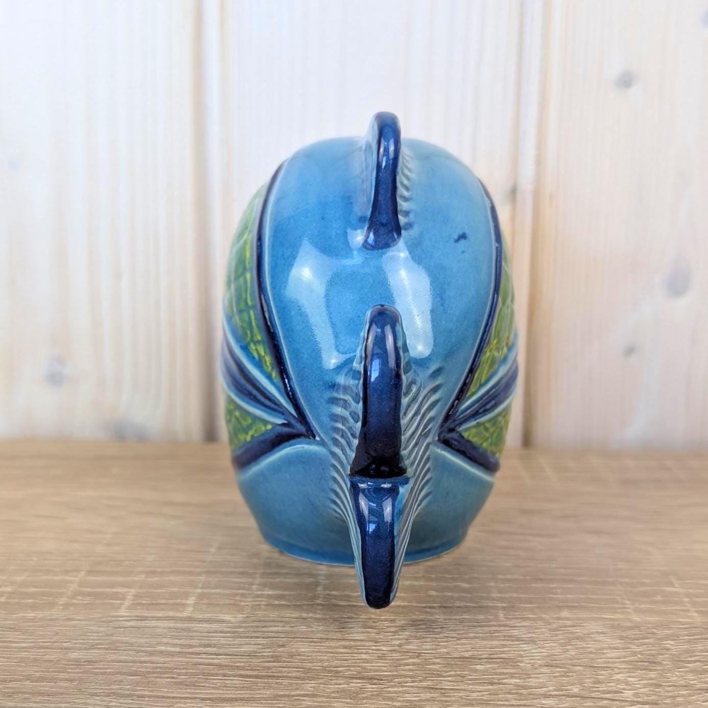 Maltese ceramic fish money bank, blue green glaze, relief scales, 1960s, coin slot