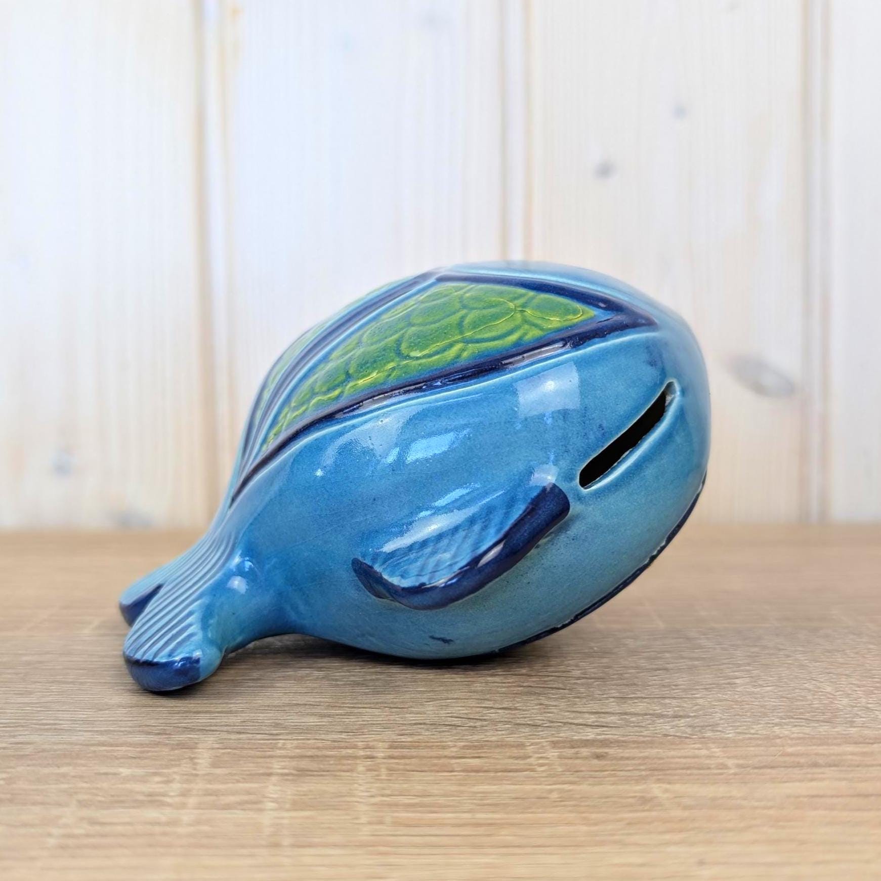 Maltese ceramic fish money bank, blue green glaze, relief scales, 1960s, coin slot