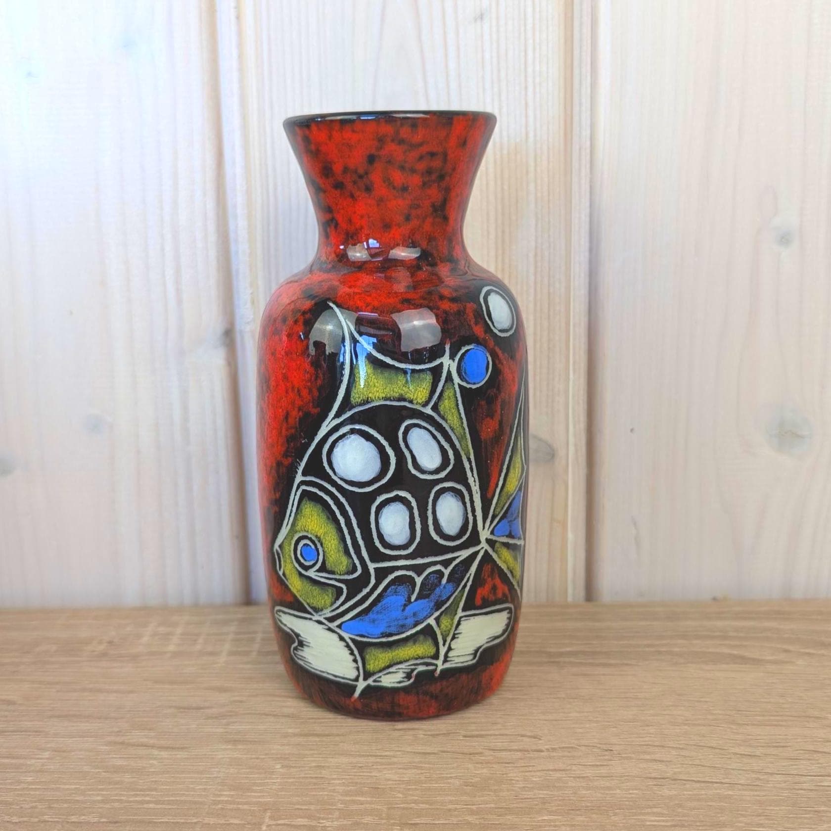 Maltese hand painted ceramic vase, fish motif, red black glaze, 1960s, model 815