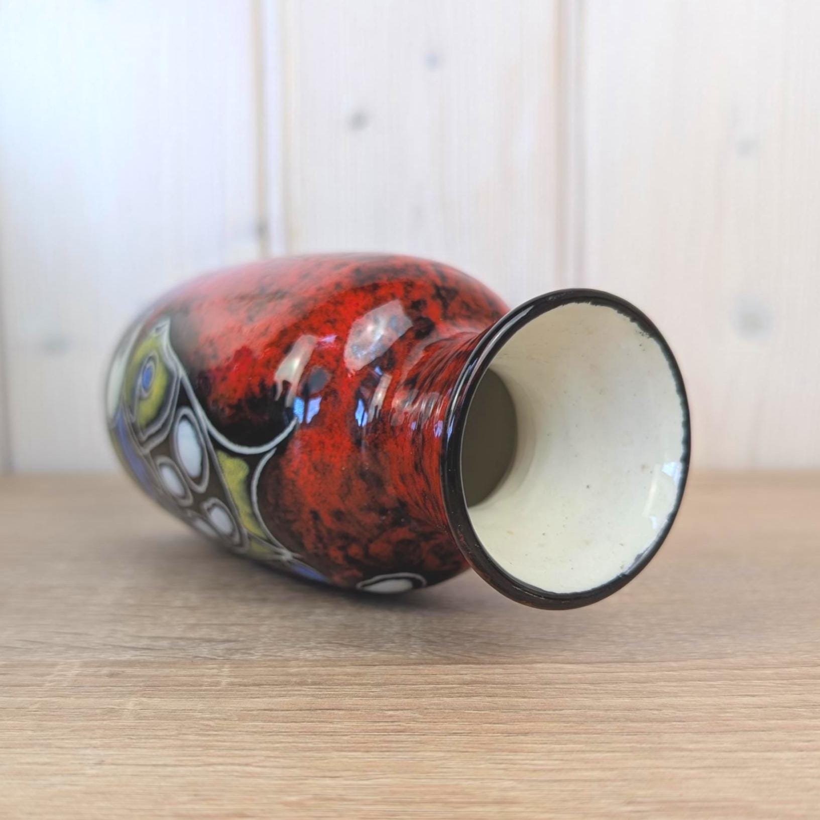 Maltese hand painted ceramic vase, fish motif, red black glaze, 1960s, model 815