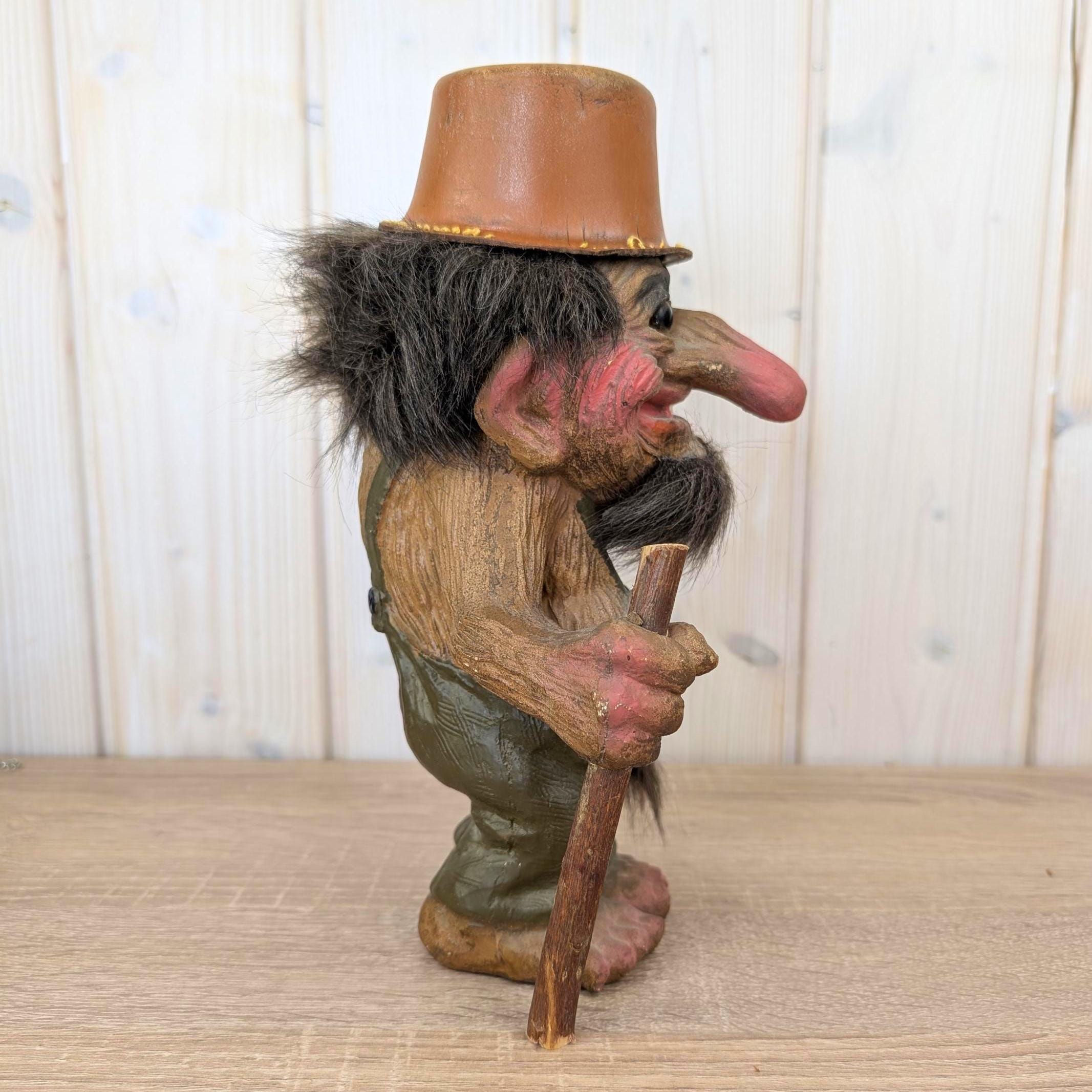 Nyform troll 111, Norway, vintage figurine, walking stick, real fur, 1980s