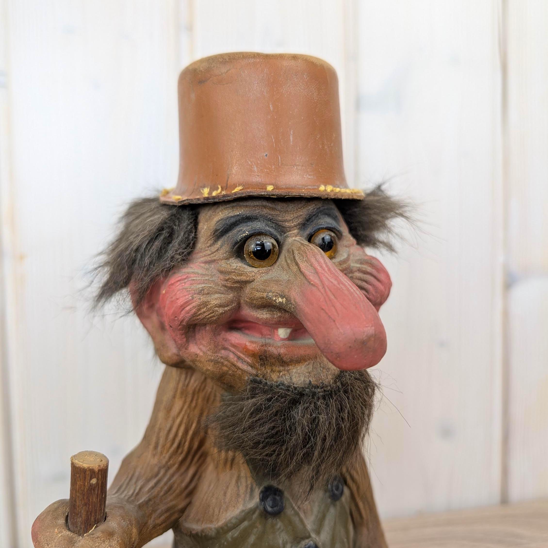 Nyform troll 111, Norway, vintage figurine, walking stick, real fur, 1980s