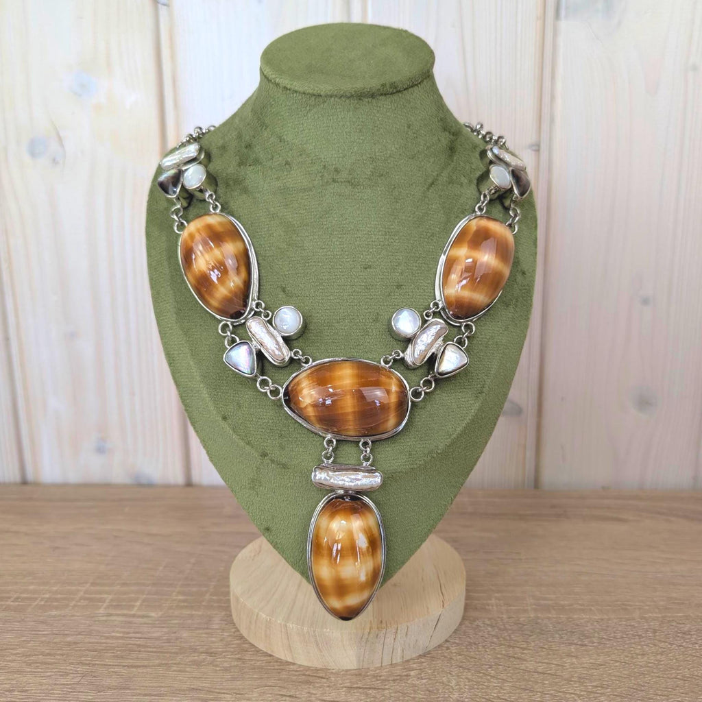 Vintage statement necklace, shell cabochon, baroque pearl, silver tone, 1990s