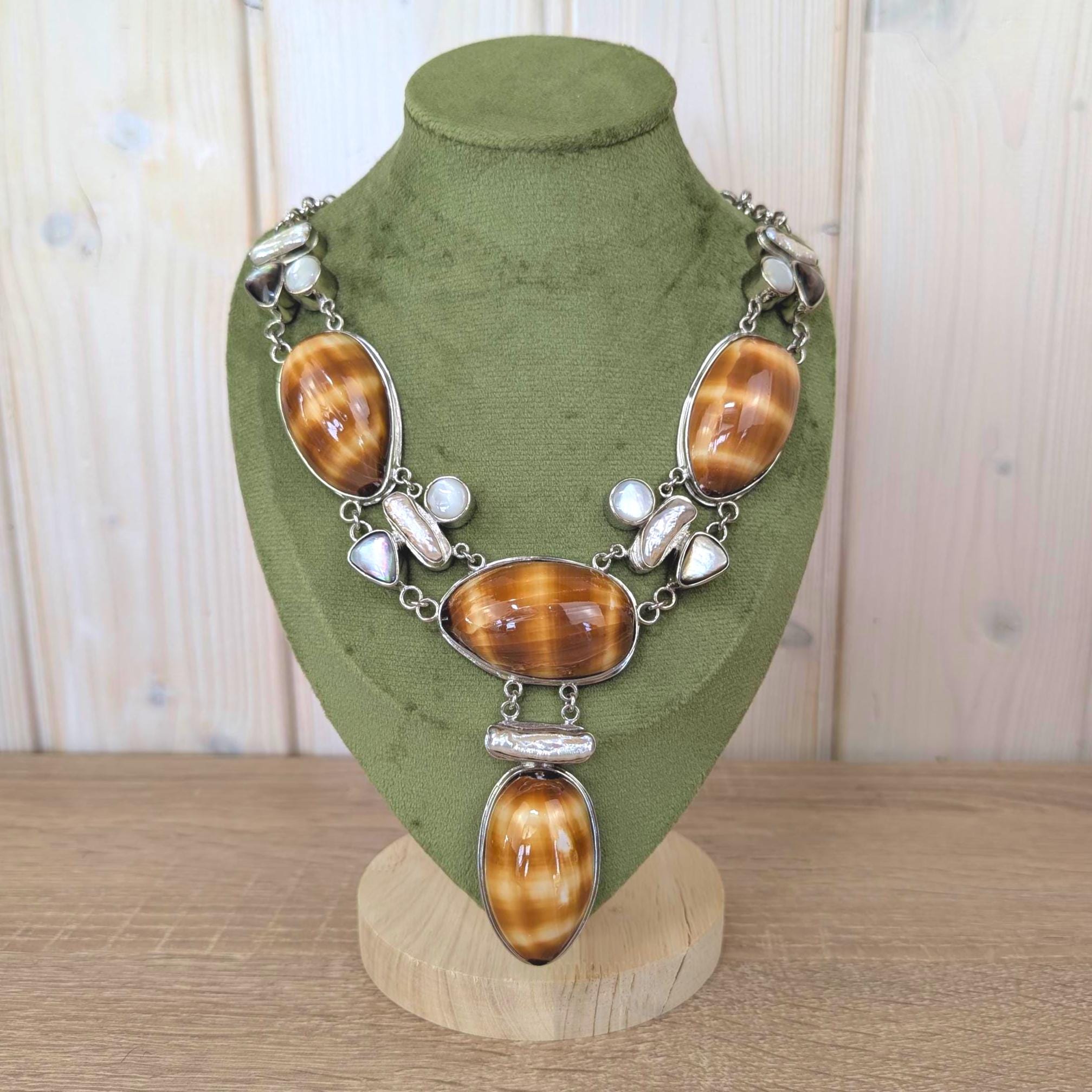 Vintage statement necklace, shell cabochon, baroque pearl, silver tone, 1990s
