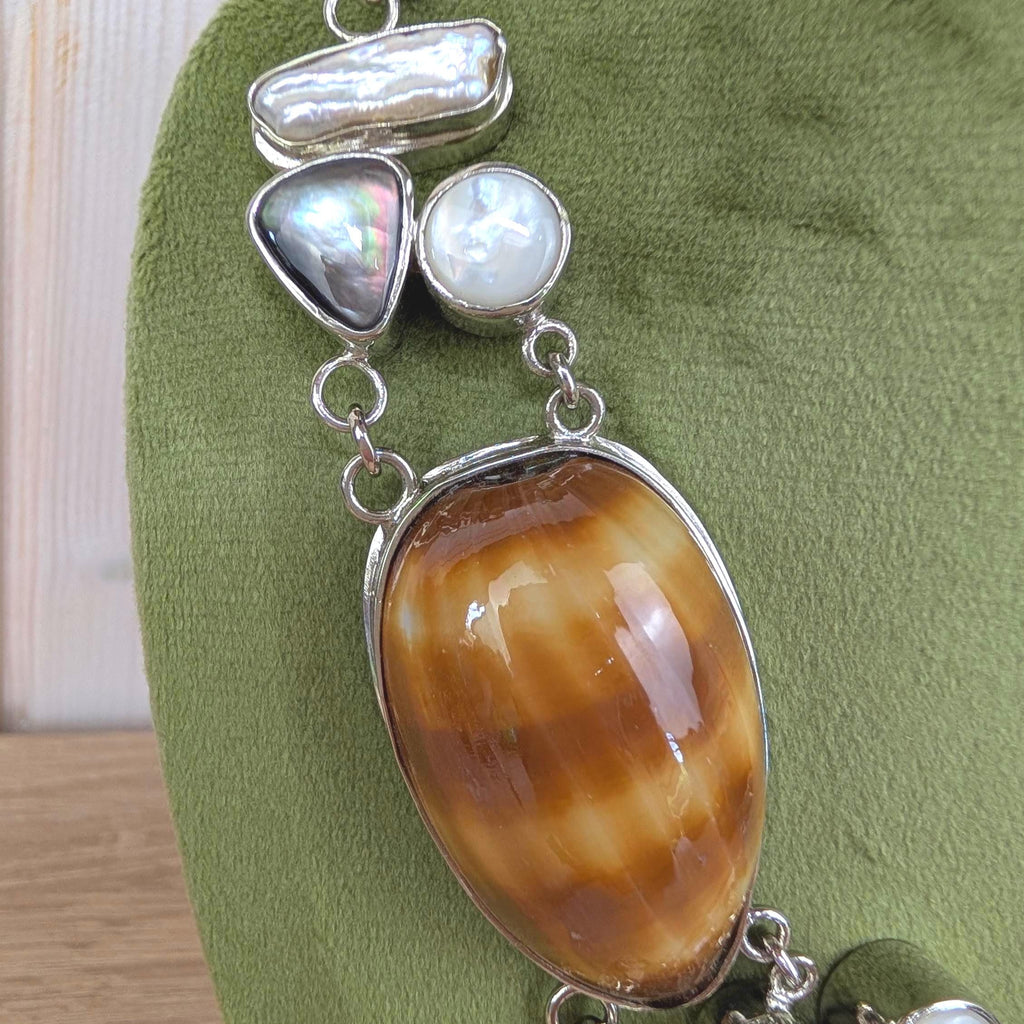 Vintage statement necklace, shell cabochon, baroque pearl, silver tone, 1990s