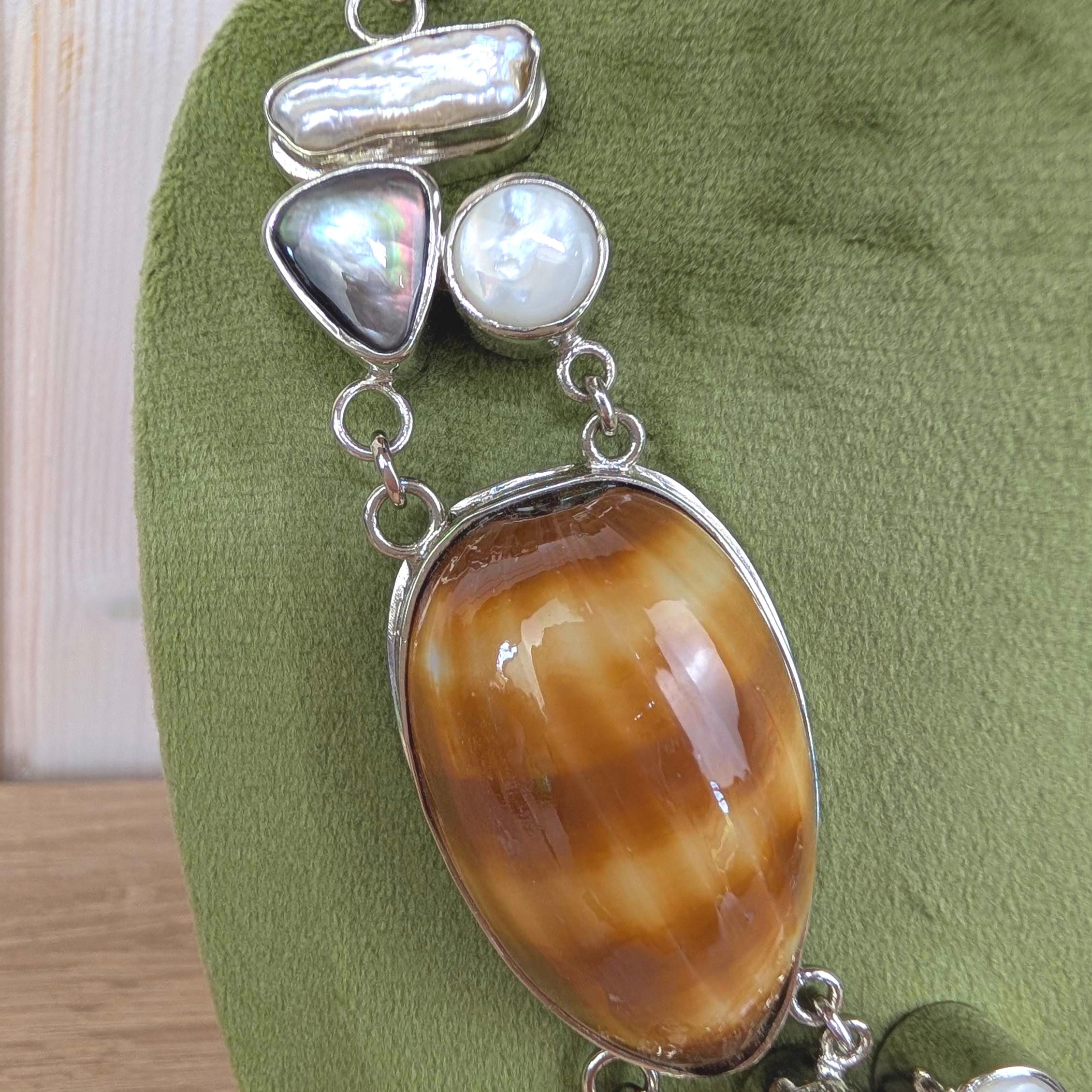 Vintage statement necklace, shell cabochon, baroque pearl, silver tone, 1990s