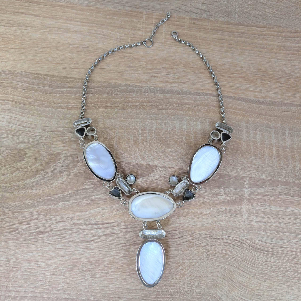 Vintage statement necklace, shell cabochon, baroque pearl, silver tone, 1990s