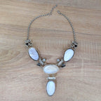 Vintage statement necklace, shell cabochon, baroque pearl, silver tone, 1990s
