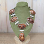 Vintage statement necklace, cone shell cabochon, baroque pearl, silver tone, 1990s