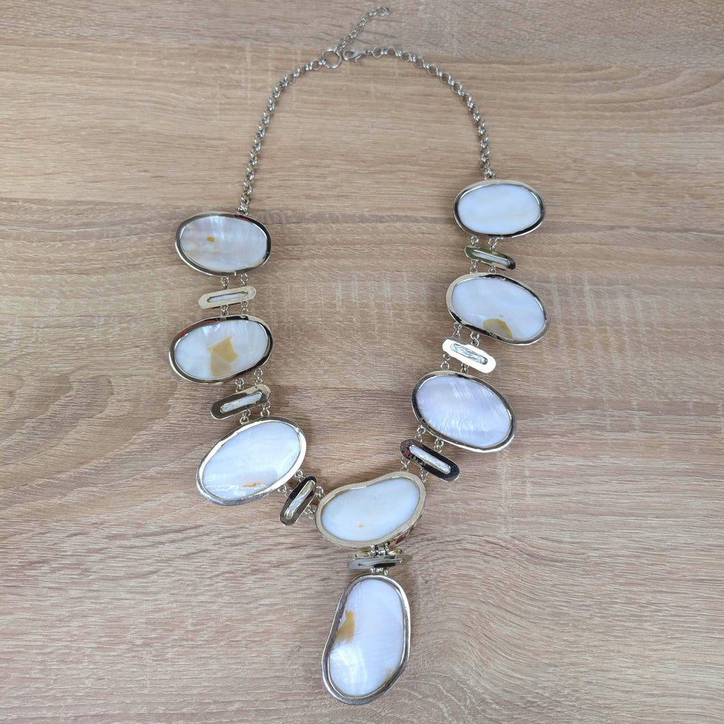 Vintage statement necklace, cone shell cabochon, baroque pearl, silver tone, 1990s