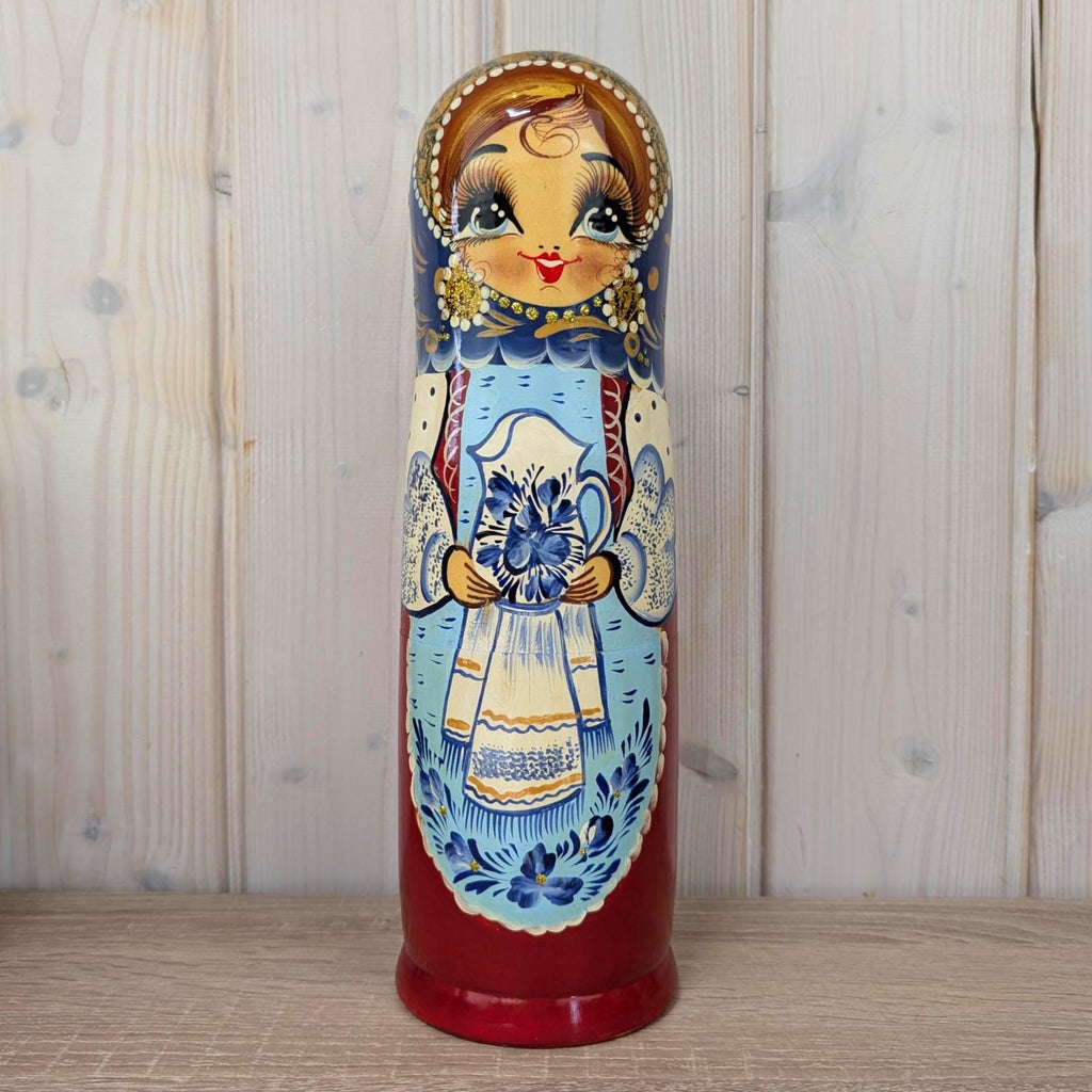Russian matryoshka bottle holder, hand painted, blue gold, Gzhel style, Soviet era