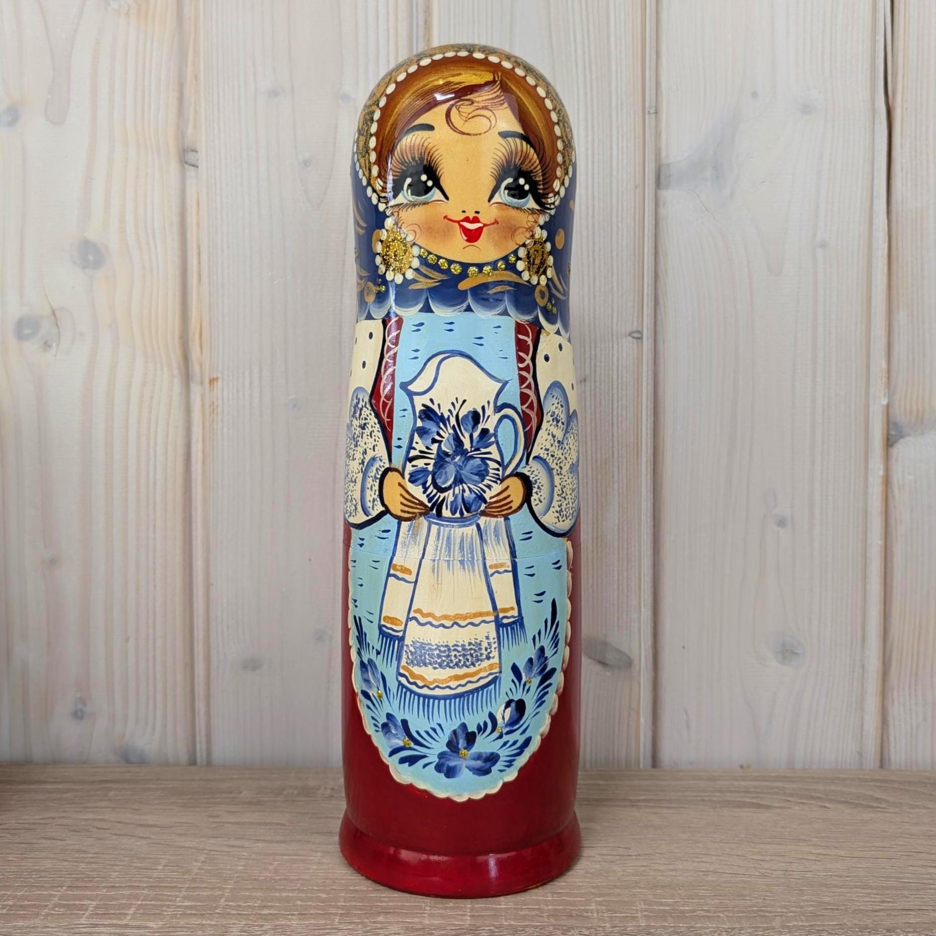 Russian matryoshka bottle holder, hand painted, blue gold, Gzhel style, Soviet era