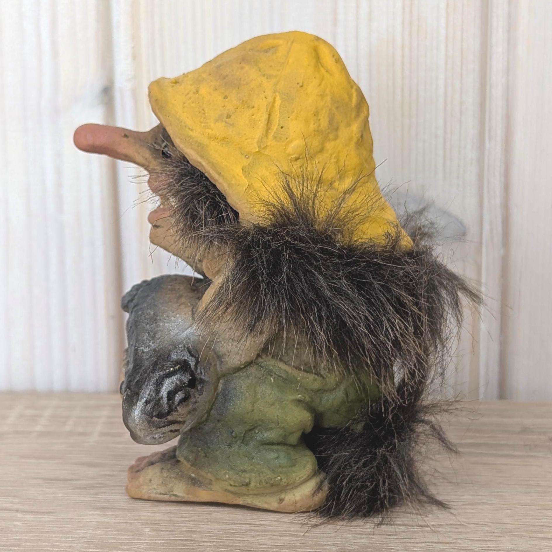 Ny-Form troll 062, Norway, fisherman, yellow hat, real fur, original label, 1980s