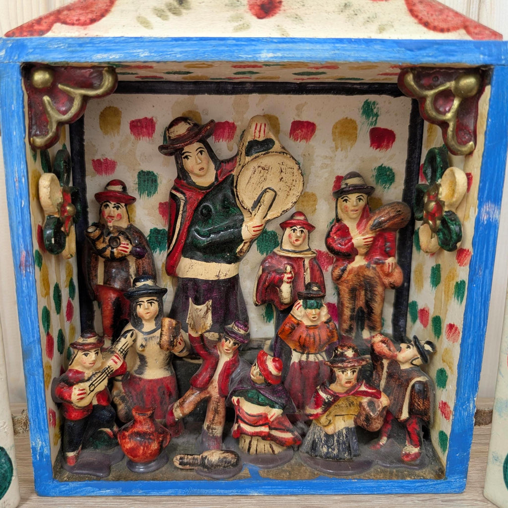 Peruvian retablo folk art, musicians scene, Ayacucho style, hand painted, 1970s
