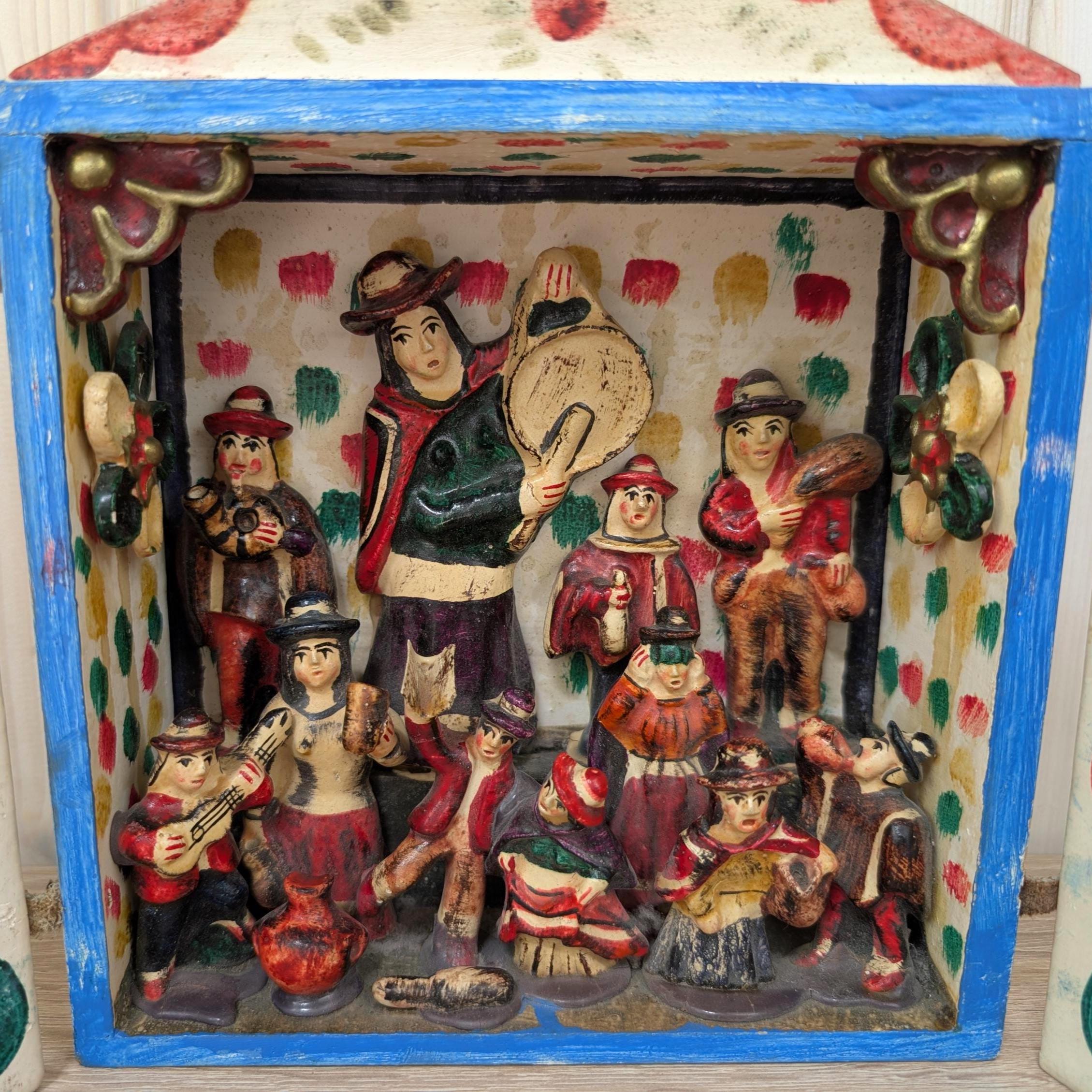 Peruvian retablo folk art, musicians scene, Ayacucho style, hand painted, 1970s