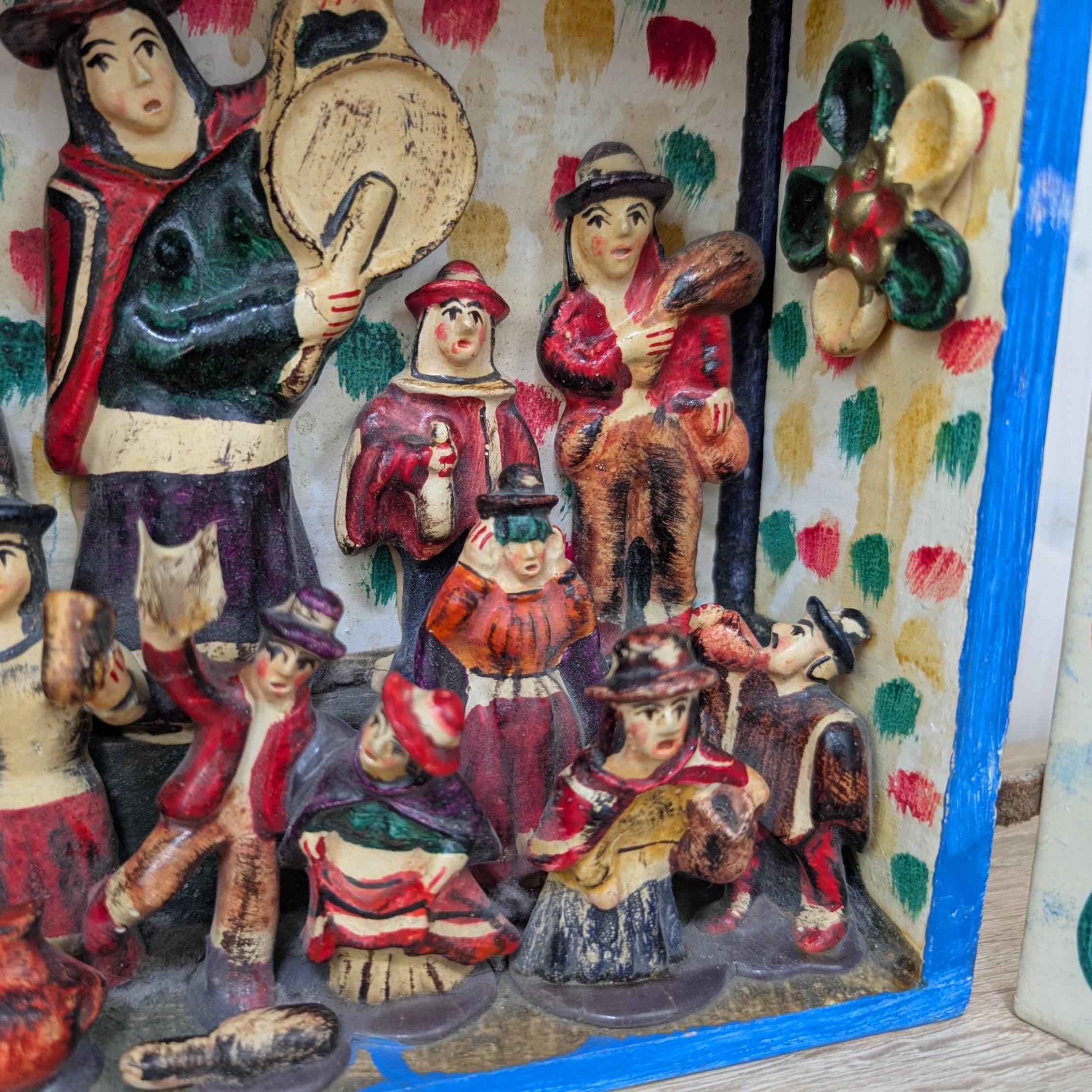 Peruvian retablo folk art, musicians scene, Ayacucho style, hand painted, 1970s
